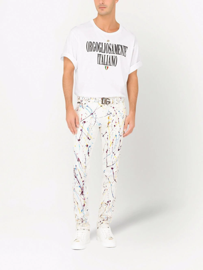 Dolce & Gabbana White Skinny Jeans With Color Splash Print In White