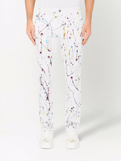 Dolce & Gabbana White Skinny Jeans With Color Splash Print In White