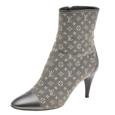 Pre-owned Louis Vuitton Grey Monogram Canvas And Leather Ankle Boots Size 38