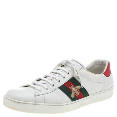 Pre-owned Gucci White Leather Bee Embroidered Ace Low Top Trainers Size 44