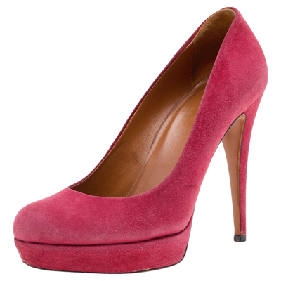 Pre-owned Gucci Red Suede Round Toe Platform Pumps Size 38
