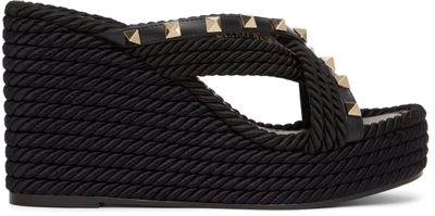 Shop Valentino Black Criss Cross Rockstud Wedge Sandals In 0no Nero