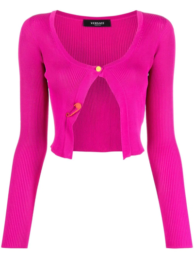 Shop Versace Safety Pin-embellished Fine-ribbed Cardigan In Rosa
