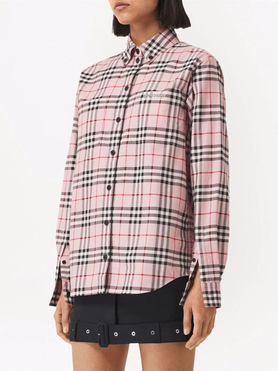 Shop Burberry Embroidered Logo Check Shirt In Rosa