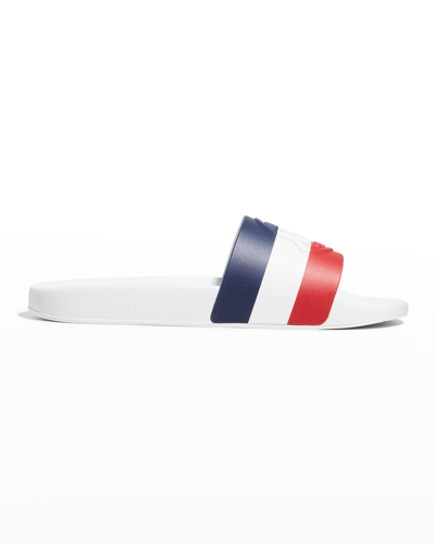 Shop Moncler Men's Basile Embossed Logo Stripe Slide Shoes In White