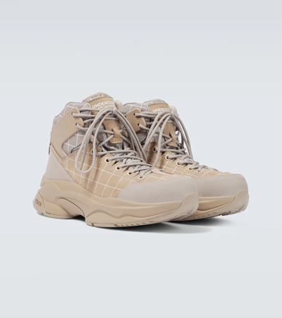 Undercover Checked Nubuck And Canvas Hiking Boots In Beige Base