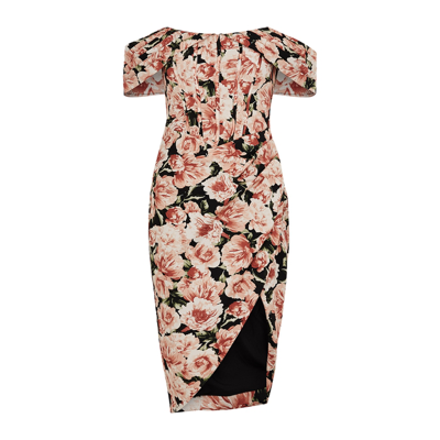 Shop Lavish Alice Floral-print Off-the-shoulder Midi Dress In Pink