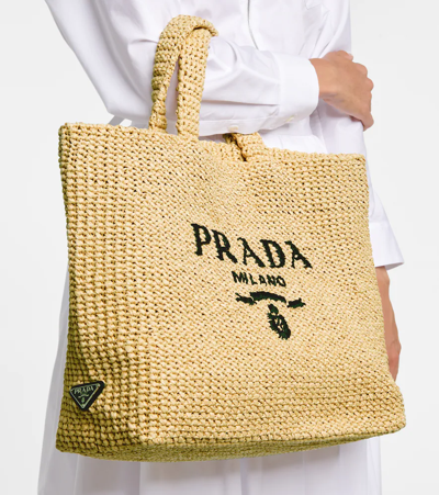 Prada Medium Logo Raffia Tote In Neutral