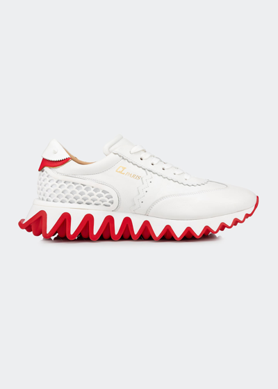 Shop Christian Louboutin Men's Loubishark Flat Red Sole Runner Sneakers In White Pattern