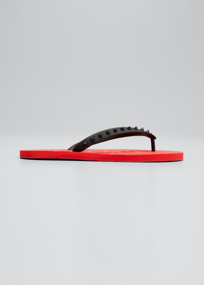 Shop Christian Louboutin Men's Loubi Tonal Spiked Red Sole Flip Flops In Black/loubi