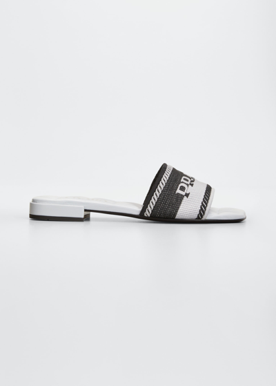 Shop Prada Bicolor Logo Cotton Flat Sandals In Nerofiord