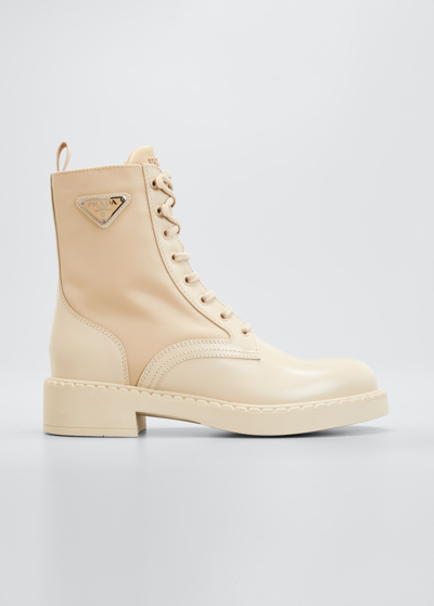 Shop Prada Leather Nylon Lace-up Combat Boots In Deserto