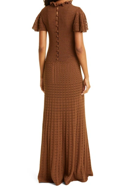 Shop Rebecca Taylor Flounce Sleeve Cotton Blend Crochet Maxi Dress In Chocolate