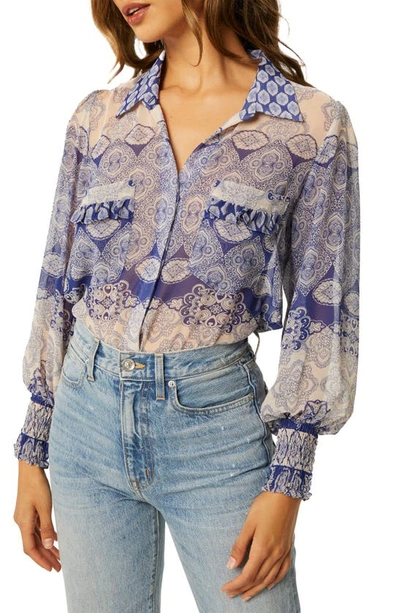 Shop Misa Nora Ruffle Button-up Shirt In Majorelle Mixed Tile