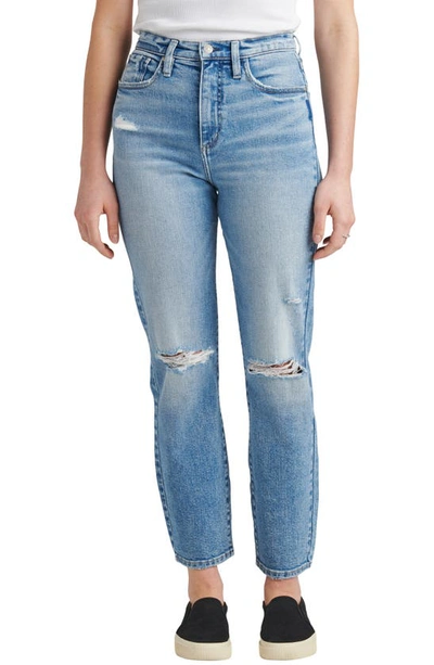 Shop Silver Jeans Co. Borebank Ripped High Waist Slim Straight Leg Jeans In Indigo