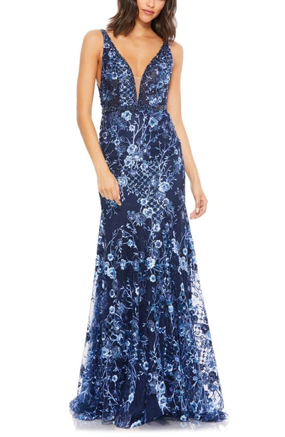 Shop Mac Duggal Floral Sequin & Embroidered Tulle Trumpet Gown In Twilight