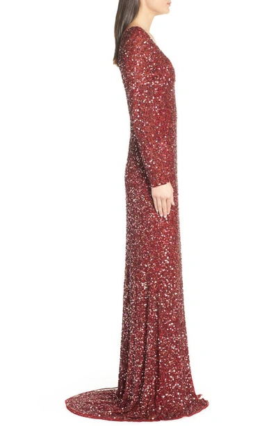Shop Mac Duggal Sequin Long Sleeve Slit Column Gown In Crushed Berry