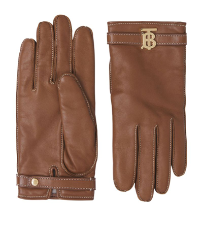 Shop Burberry Leather Tb Monogram Gloves In Brown