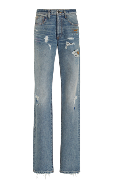 Shop Brandon Maxwell Women's Distressed Rigid High-rise Straight-leg Jeans In Medium Wash