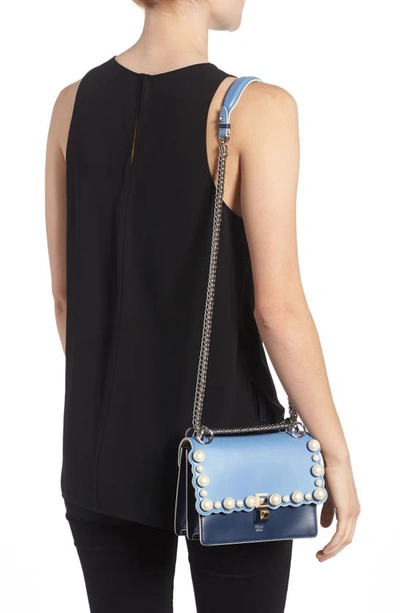 Shop Fendi Mini Kan I Imitation Pearl Scallop Leather Shoulder Bag In Blue