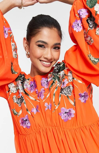 Asos Design Blouson Sleeve Maxi Dress With Embroidered Bodice In Tomato Red In Red