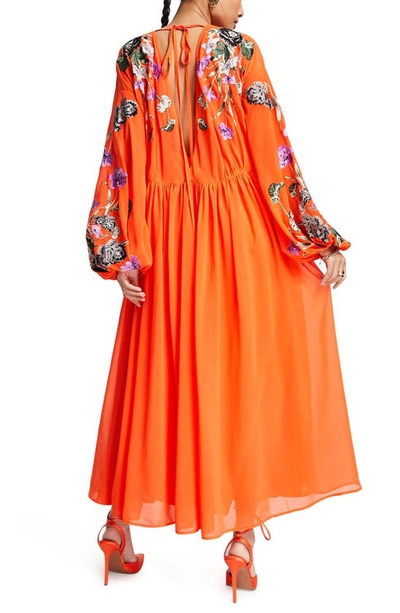 Asos Design Blouson Sleeve Maxi Dress With Embroidered Bodice In Tomato Red In Red