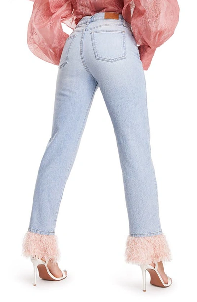 Shop Asos Design Faux Feather Hem Straight Leg Jeans In Mid Blue