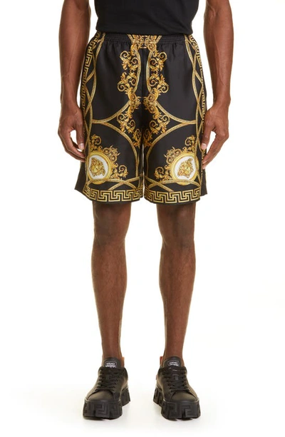 Shop Versace La Coupe Des Dieux Silk Shorts In Black Gold