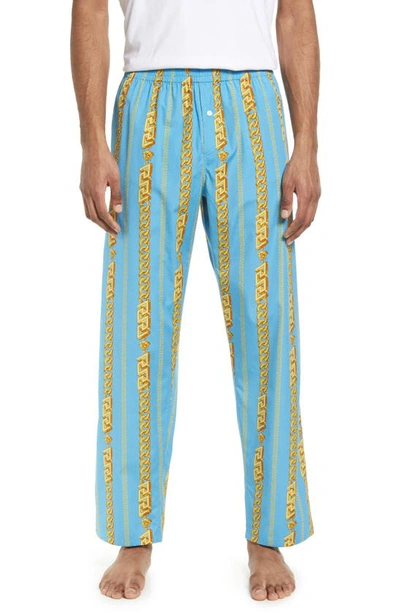 Shop Versace Chain Pinstripe Print Pajama Pants In Sky/ Gold