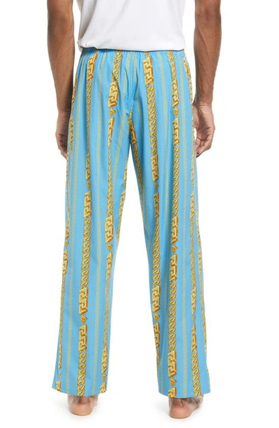 Shop Versace Chain Pinstripe Print Pajama Pants In Sky/ Gold