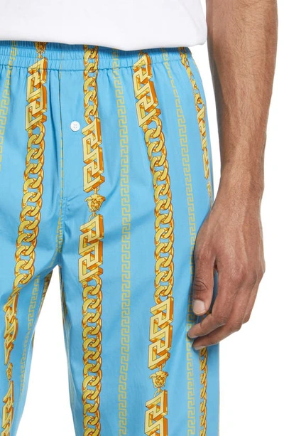 Shop Versace Chain Pinstripe Print Pajama Pants In Sky/ Gold