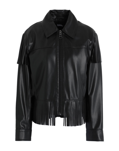 Shop Karl Lagerfeld Faux Leather Fringe Jacket Woman Jacket Black Size 6 Polyester, Polyurethane Coated