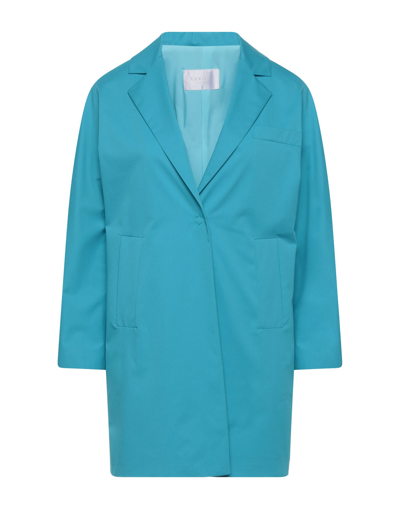 Shop Annie P . Woman Overcoat & Trench Coat Turquoise Size 6 Cotton, Elastane In Blue