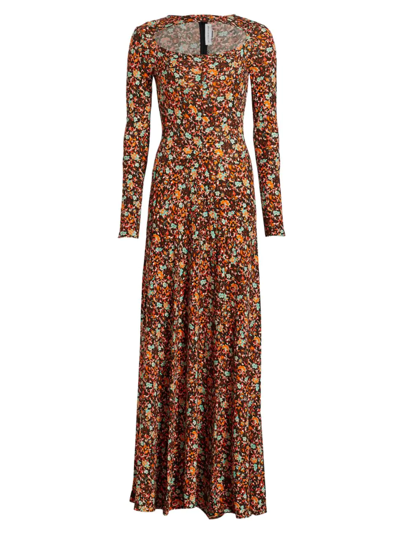 Shop Victoria Beckham Floral Jersey Cut-out Dress In Brown Orange Turquoise