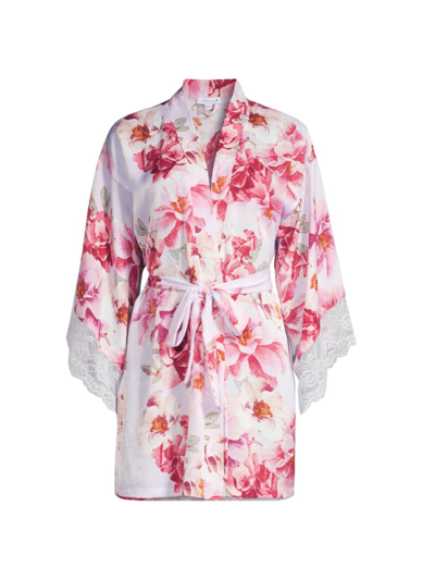 Shop In Bloom Women's Phoebe Floral Satin Lace-trim Robe In Hushed Lilac