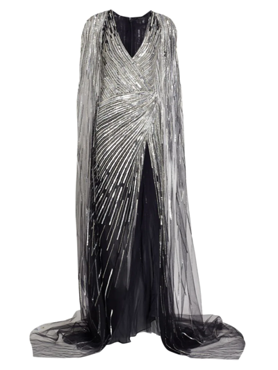 Shop Pamella Roland Women's Sequin Tulle Caped Gown In Black Silver