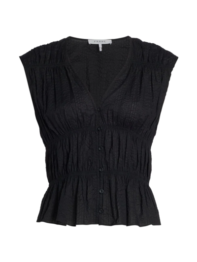Shop Frame Women's Ruched V-neck Cotton Blouse In Noir