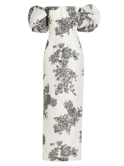 Shop Monique Lhuillier Puff-sleeve Silk Column Gown In Ivory