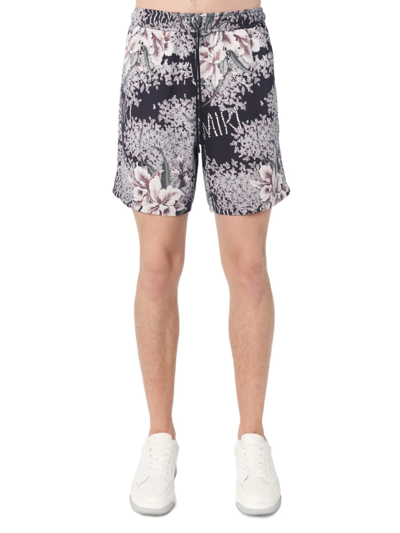 Shop Amiri Hibiscus Pleated Tiki Shorts In Black