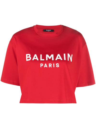 Shop Balmain Cropped Logo-print T-shirt In Red