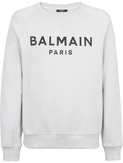 Shop Balmain Logo Print Crew Neck Sweatshirt In Grey