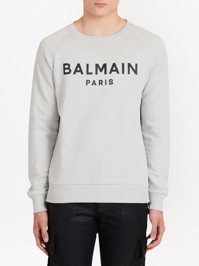 Shop Balmain Logo Print Crew Neck Sweatshirt In Grey