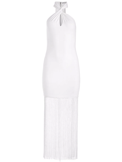 Shop Alice And Olivia Steph Twist-neck Fringe Dress In Weiss