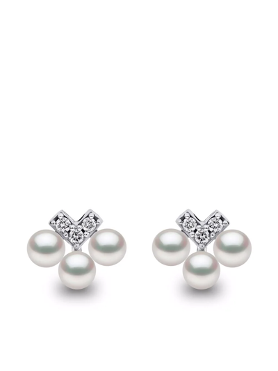 Shop Yoko London 18kt White Gold Sleek Akoya Pearl Diamond Stud Earrings In Silber