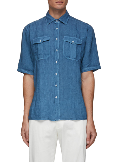 Shop Equil Chest Flap Pocket Short Sleeve Linen Pique Shirt In Blue