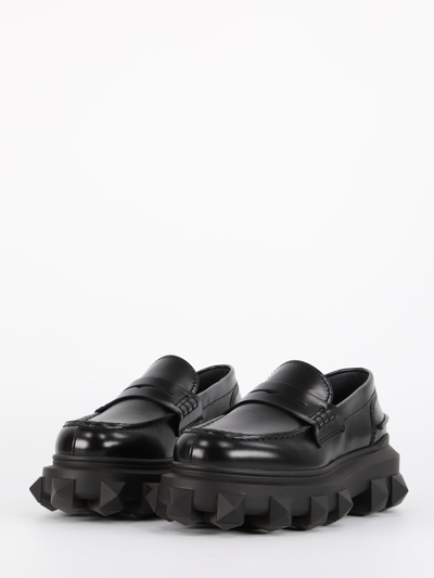 Shop Valentino Trackstud Loafers In Black