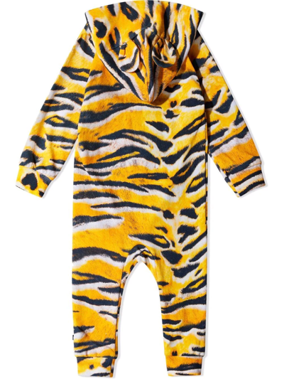 Shop Molo Tiger-print Hooded Romper In Yellow