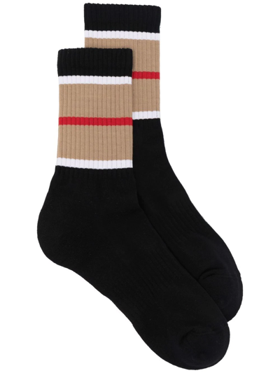 Shop Burberry Icon Stripe Ribbed Socks In Black