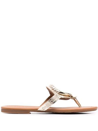 Shop See By Chloé Hana Woven-ring Flipflop Sandals In Gold