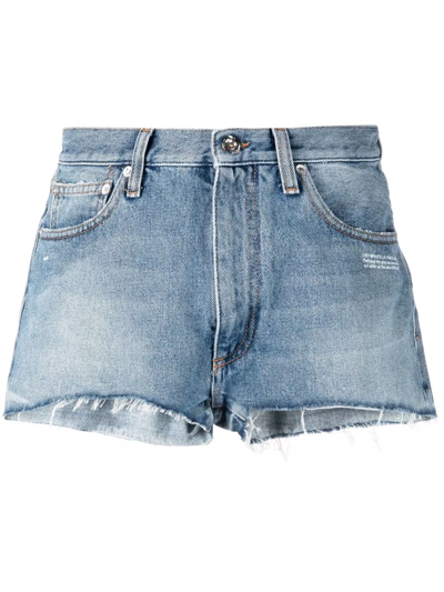 Shop Off-white Logo-print Frayed-edge Denim Shorts In Blue
